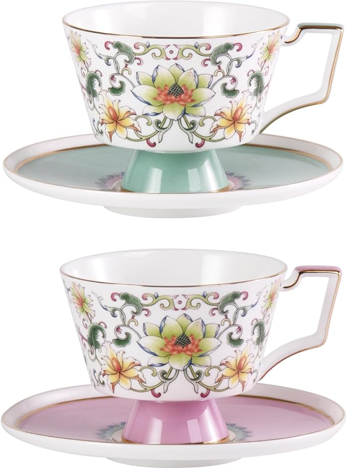 KAMMAK Ceramic Coffee Cups Saucers Set of 2, Porcelain Espresso Cups with Saucers, 8.12 oz Handcrafted Elegant Bone China Tea Cups, Lotus Floral Pattern Teacup for Party, Office, Women Gift