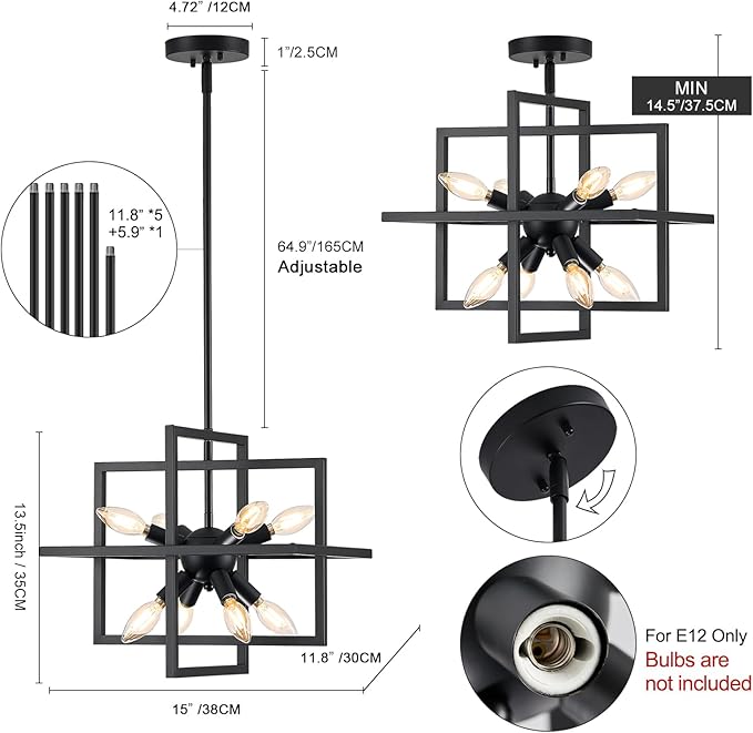 Modern Small Black Chandelier, 8-Light Farmhouse Geometric Pendant Lighting Fixtures, Industrial Lantern Hanging Chandelier for Kitchen, Dining Room, Foyer, Entryway