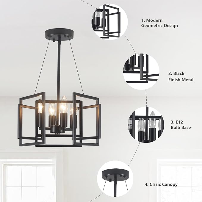 ANKYLHUA Small Black Chandelier,4-E12 Base Light Fixture,Geometric Chandeliers for Dining Room Metal Industrial Kitchen Light Fixtures for Foyer/Living Room/Entryway/Hallway/Bedroom