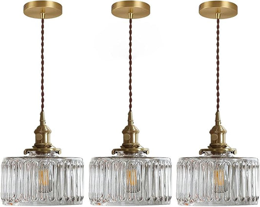 Glass Hanging Lights Kitchen Island Brushed Gold Ceiling Pendant Light Clear Round Light Fixture Striped Glass Shade Vintage Modern Pendant Lighting Chandelier Farmhouse Dining Room