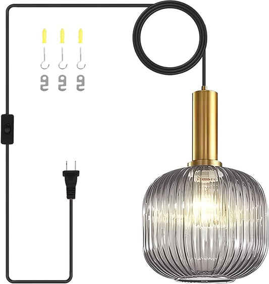 Plug in Pendant Lights for Ceiling, Smoke Gray Glass Pendant Light with Plug in Cord 14.75Ft, Industrial Hanging Lamp Modern Plug in Hanging Light for Living Room Bedroom Kitchen