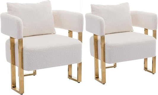 YISHENG Modern Barrel Accent Chairs Set of 2, Living Room Side Chairs with Golden Metal Legs Soft Teddy Upholstered Reading Armchairs no Wheels for Vanity/Reception Room//Bedroom/Lounge/Office, White