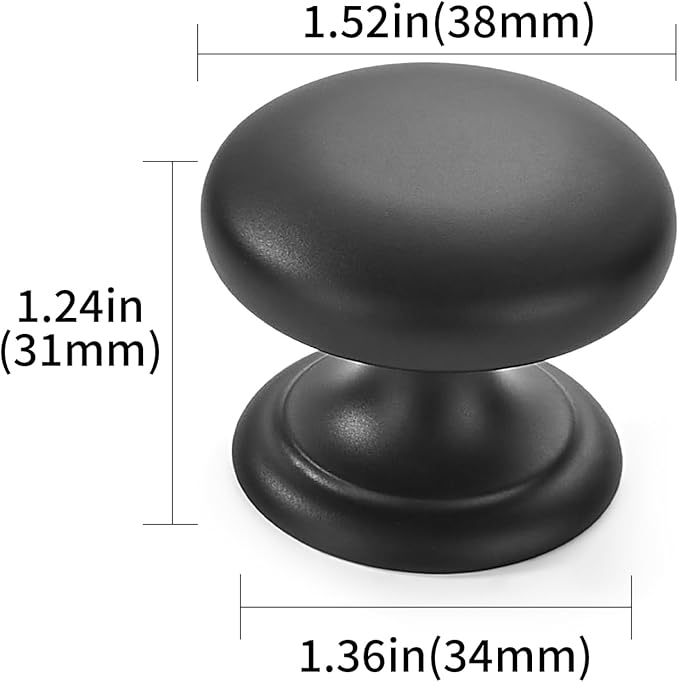 khtumeware 2 Pack 1-1/2 inch Bifold Closet Door Knobs Matte Black Cabinet Knobs Made of Zinc Alloy Suitable for Kitchen Cabinets/Bathroom Cabinets/Bedroom Furniture Includes Installation Screws