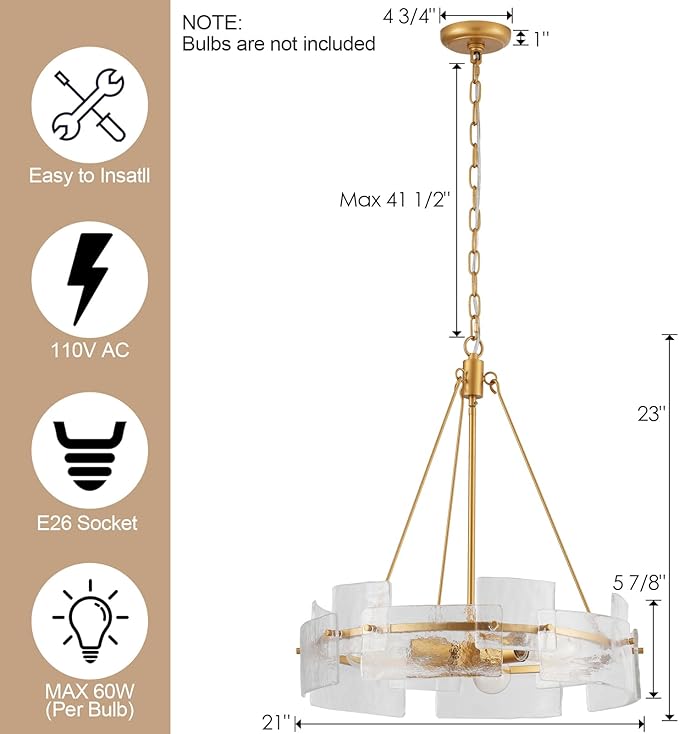 Dia 21 Inch Modern Glass Chandelier for Dining Room, 3-Light Vintage Chandelier for Foyer, Gold Pendant Light for Farmhouse Bedroom Entryway Kitchen