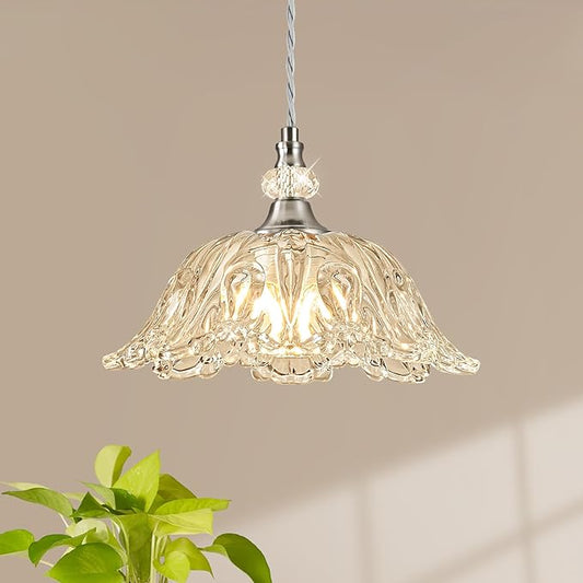 1 Piece Brushed Nickel Chandelier Light Fixtures with Glass Shade, Brushed Nickel Finish Pendant Light,Hanging Light for Dining Room,Hallways,Living Room,Bedroom