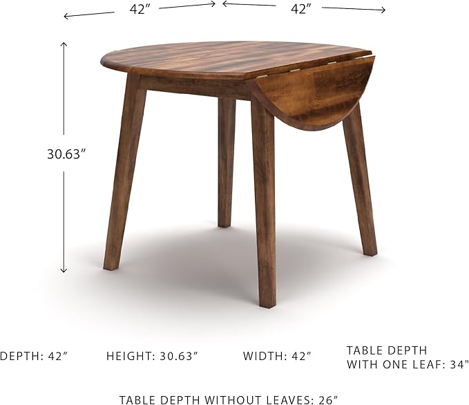 Signature Design by Ashley Berringer Dining Room Round Drop Leaf Table, Rustic Design, Seats 4, Hinged Extension Leaves, Small Space Solution, 42" W x 42" D x 30.63" H, Rustic Brown