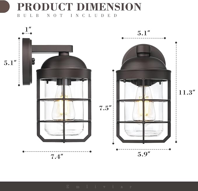 Emliviar 2 Packs Outdoor Wall Lamps, Patio Wall Lighting Waterproof with Clear Tempered Glass, Vintage Exterior Lights in Oil Rubbed Bronze Finish, GE255BL-2PK ORB