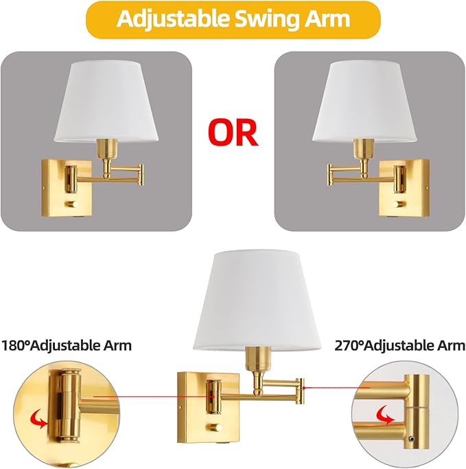 Bedside Wall Mount Light with Dimmable Switch, Swing Arm Fabric Shade Wall Sconce Light with USB Port and Plug in Cord, Gold Wall Lamp for Bedroom, Living Room and Hotel
