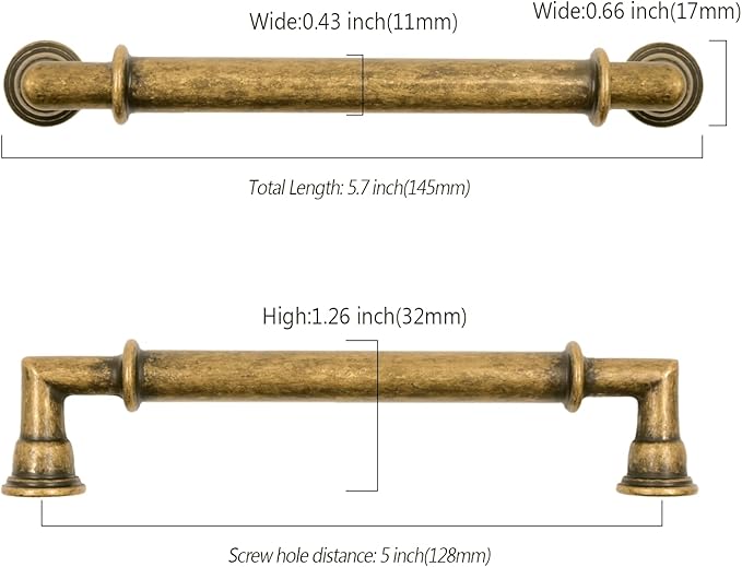 Asidrama 10 Pack 5 Inch(128mm) Brushed Antique Brass Cabinet Pulls, Kitchen Aged Brass Cabinet Handles Vintage Hardware for Cupboard Drawer