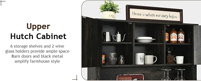 4 EVER WINNER 72" Coffee Bar Cabinet with Sliding Barn Door & Wine Racks, Hutch Cabinet with Storage and 3 Drawers, Farmhouse Coffee Bar with Wine Glass Holder for Dining Room Kitchen, Rustic Oak