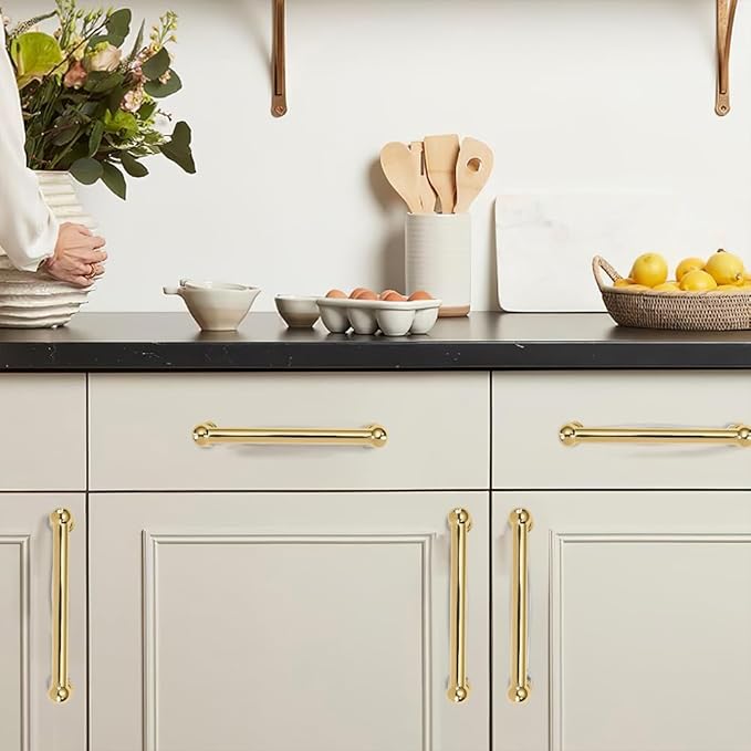 khtumeware 10 Pack 3-1/2 Inch Hole Center Polished Brass Cabinet Pulls Heavy Duty Solid Polished Gold Cabinet Handles cabinets Dressers Kitchens Handles Bathroom cabinets