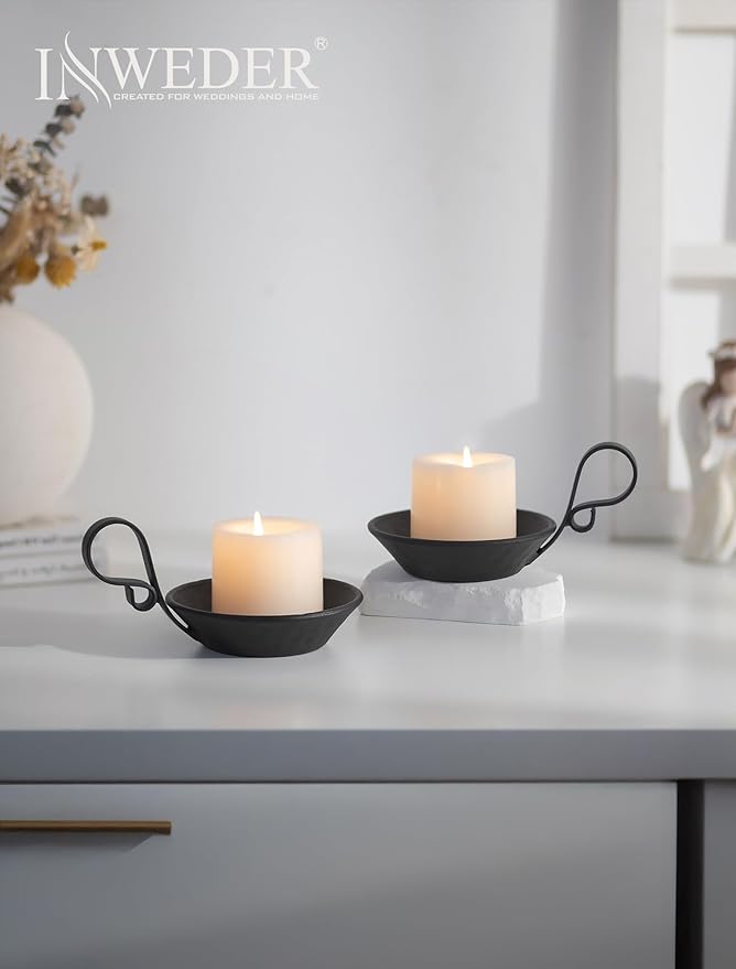 Iron Pillar Candle Holder: 4.6 in Gold Candle Plate Brass Pedestal Stand Vintage Decorative Tray for 3 Wick Jar Candles Tealight Votive Table Home Christmas Set of 2 (Black-with Spike, 2 Pcs)