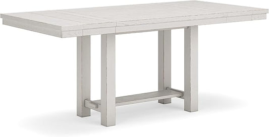 Signature Design by Ashley Robbinsdale Farmhouse Distressed Counter Height Dining Extension Table with Trestle Base, Planked Effect and 2 Removable End Leaves, White