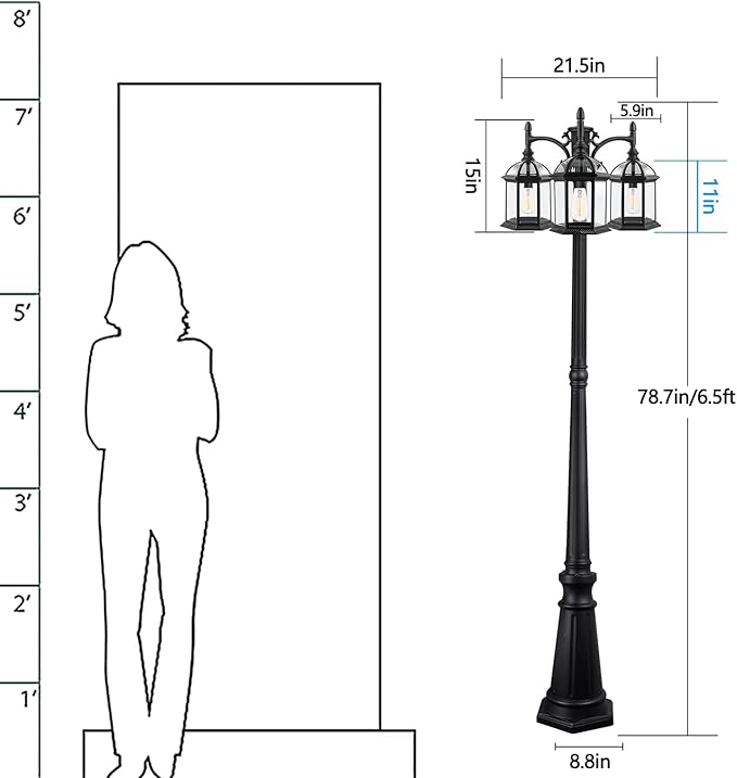 Dusk to Dawn Outdoor Lamp Post Light with 3 LED Bulbs, Triple Head Aluminum Street Light Post for Outside with Sensor, Waterproof Birdcage Pole Lighting Fixture for Backyard Garden Patio Driveway