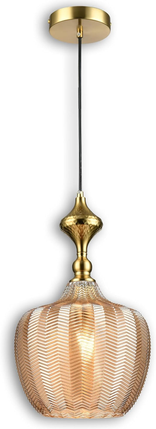 Modern Glass Pendant Light, 9.5"x16.5" Amber Sunset-Striped Light Fixture with Gold Cap, 15"-72" Adjustable Line, E26 Socket for Kitchen Island or Hallway – Sunset Gold Tulip