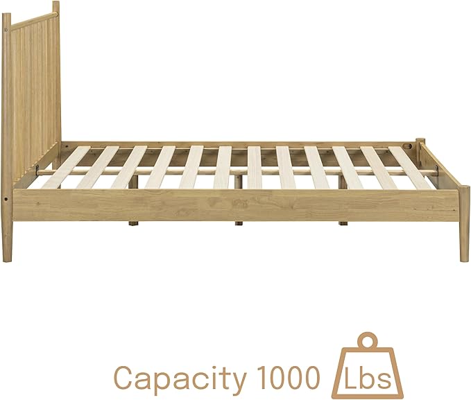 NTC Inno Wooden Bed Frame with Headboard, Solid Oak and Rubber Wood Foundation with Silent Slats and Wood Central Supports, 1000 Lb Capacity, Effortless Assembly, Queen - Sand