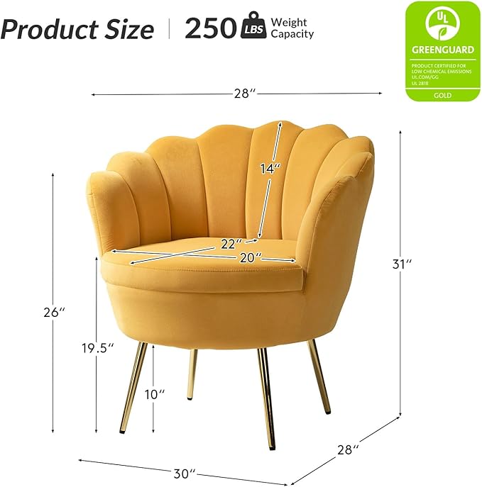 HULALA HOME Velvet Accent Chair with Shell Shaped Back, Modern Cute Living Room Bedroom Armchair with Gold Legs, Comfy Upholstered Vanity Chair for Makeup Room, Mustard