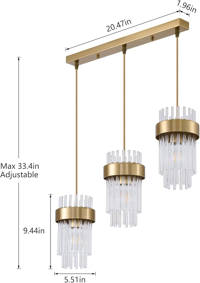 Dijiahua Gold 3-Light Pendant Lights Kitchen Island Over Table, Modern Crystal Brushed Brass Linear Chandeliers,Adjustable Cord Hanging Counter Lamp Fixture for Dinning Room,Sink