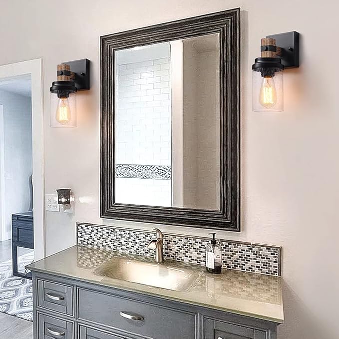 1-Light Rustic Wall Sconces Farmhouse Bathroom Light Fixtures Over Mirror, Handmade Wood Vanity Light Fixtures with Pretty Glass Shade, Wall Sconce for Bathroom Hallway Bedroom