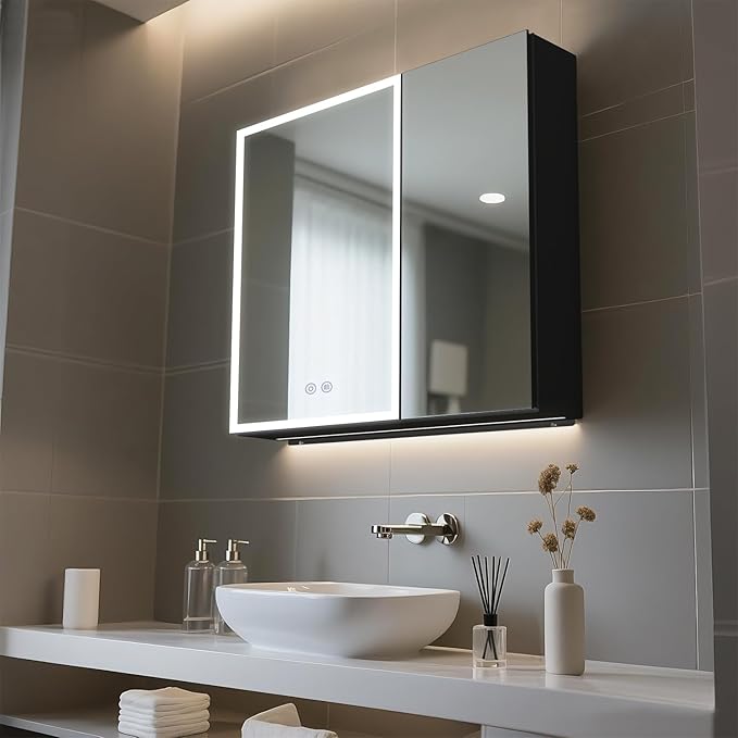 28 x 30 inch Lighted Medicine Cabinet with Mirror, LED Bathroom Cabinet with Anti-Fog, Dimmable 3 Colors Front & Bottom Light, Buit-in Sockets & USBs, 2 Shelves, Plug-in or Hardwired