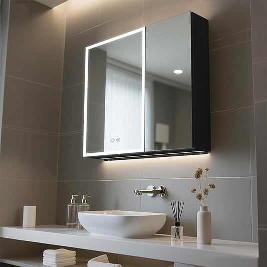 28 x 30 inch Lighted Medicine Cabinet with Mirror, LED Bathroom Cabinet with Anti-Fog, Dimmable 3 Colors Front & Bottom Light, Buit-in Sockets & USBs, 2 Shelves, Plug-in or Hardwired