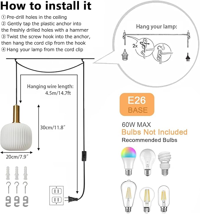 Glass Plug in Pendant Light White Gold Plug in Chandelier Mid Century Modern Hanging Light with Plug in Cord Vintage Hanging Lamps for Bedrooms Living Room Kitchen Island