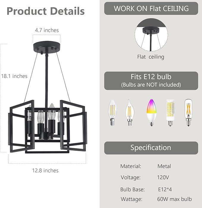 ANKYLHUA Small Black Chandelier,4-E12 Base Light Fixture,Geometric Chandeliers for Dining Room Metal Industrial Kitchen Light Fixtures for Foyer/Living Room/Entryway/Hallway/Bedroom