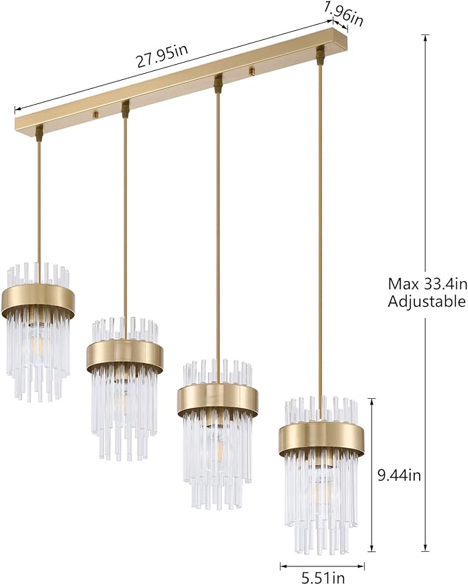Dijiahua 4-Light Gold Pendant Lights Kitchen Island Over Table, Modern Crystal Brushed Brass Linear Chandeliers,Adjustable Cord Hanging Counter Lamp Fixture for Dinning Room,Sink