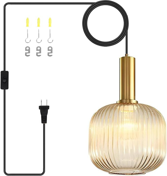 Amber Plug in Pendant Light Fixtures Mid Century Modern Hanging Lights with Plug in Cord Gold Pendant Light Plug in Vintage Glass Hanging Lamps for Living Room Bedroom Kitchen Dining Room