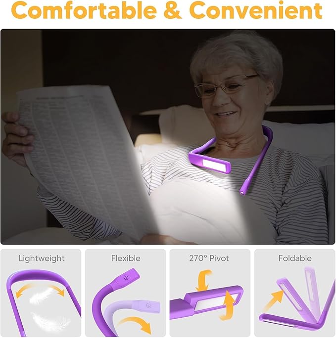 Voilet Neck Light with Storage Case, 10-80Hrs Eye-friendly Book Reading Lamp, Knitting Crochet Sewing Craft Light Rechargeable Adjustable, Christmas Birthday Gifts for Book Lovers Knitters Crafters
