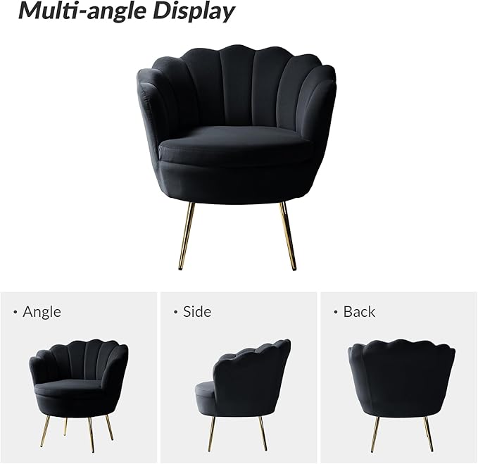 HULALA HOME Modern Velvet Accent Chairs Set of 2 with Shell Shaped Back, Cute Living Room Bedroom Armchairs with Gold Legs, Comfy Upholstered Vanity Chairs for Makeup Room, Black
