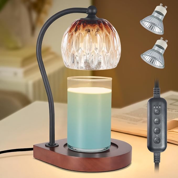 Electric Candle Warmer Lamp with Timer＆Dimmable for Jar Scented Candles, Wax Melting Tabletop Light Suitable as a Home Decor Thanksgiving Christmas Day Gift for Women Mom, with 2 Bulbs(Glass Brown)