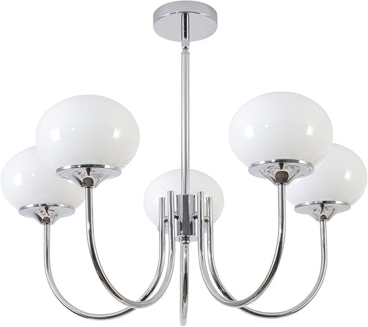 BOKT 5 Light Globe Chandelier Modern Milk Glass Chandelier Pendant Light White and Silver Vintage Semi-Flush Mount Ceiling Light for Kitchen Island Living Dining Room