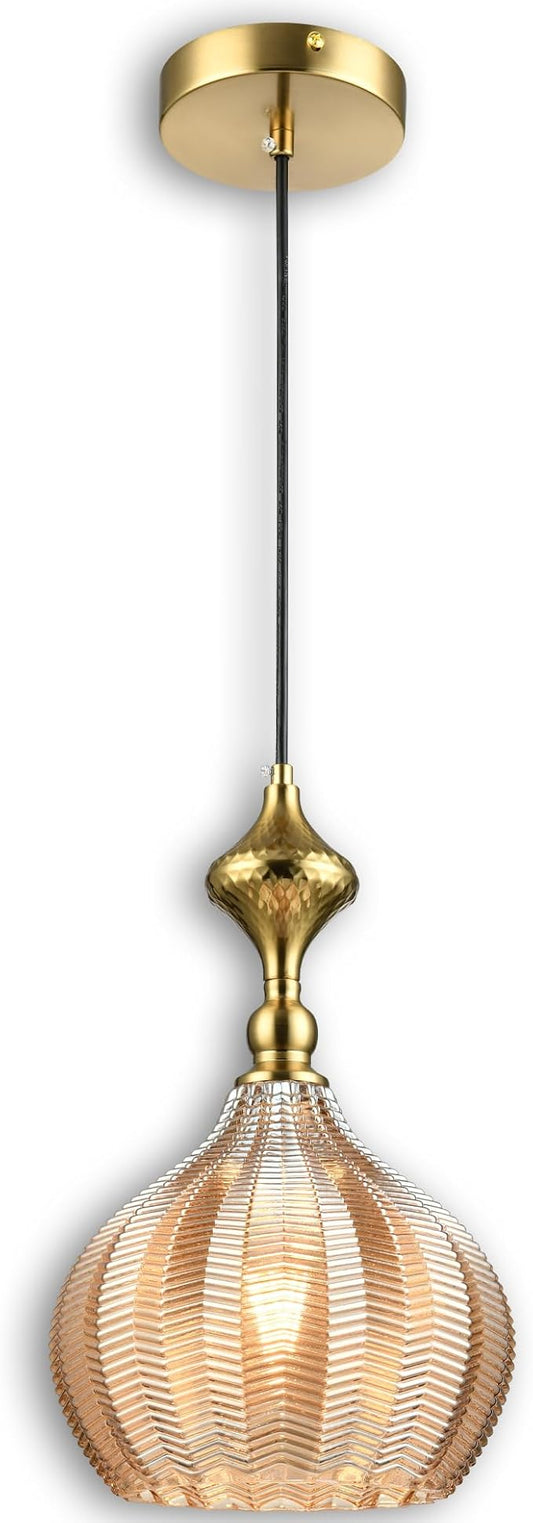 Modern Glass Pendant Light, 9"x15.3" Amber Sunset-Striped Hanging Fixture with Gold Cap, 15"-72" Adjustable Line, E26 Socket for Entryway or Bar Area – Sunset Gold Chalice