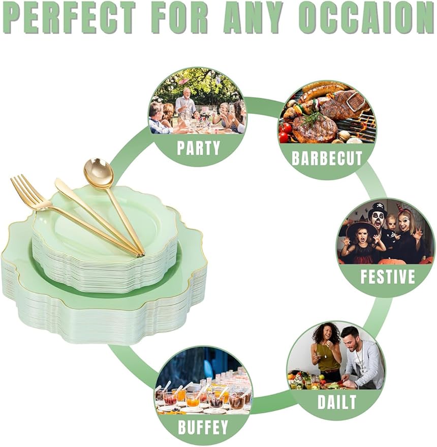 WDF 175Pcs Sage Green Plastic Plates With Gold Rim - Disposable Sage Green Plates 25guest Disposable Dinnerware Ideal for Party/Wedding/Spring Party
