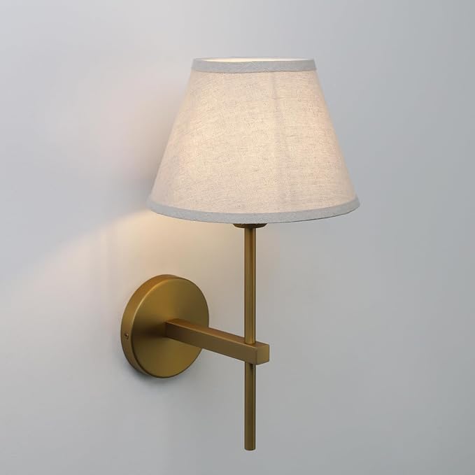 Pathson Vintage Linen Wall Sconce Big Flared Fabric Lampshade, Hardwired Wall Vanity Light Fixture Upwards Install, Indoor Bedside Lamp Victorian Decor for Living Room, Stairwell, Fireplace, Foyer