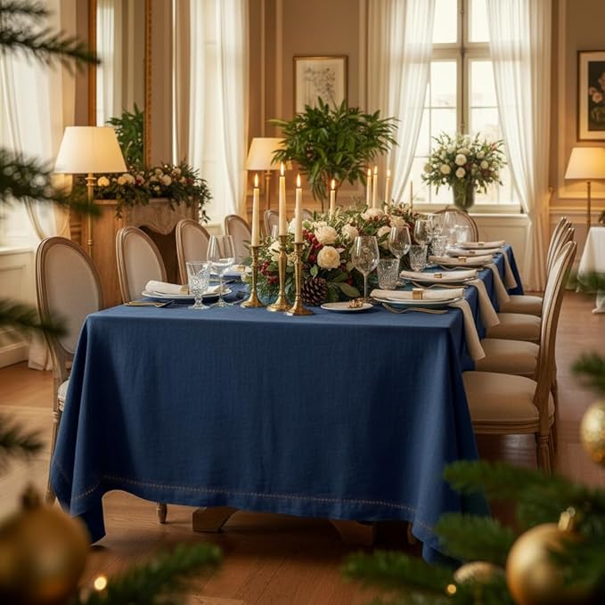 D'Moksha Homes Navy Blue Linen Tablecloth for Rectangle Tables 60 x 84 Inch - Classic Hemstitch 100% Pure Linen Navy Table Cloth - Machine Washable Dining Tablecloth for Christmas