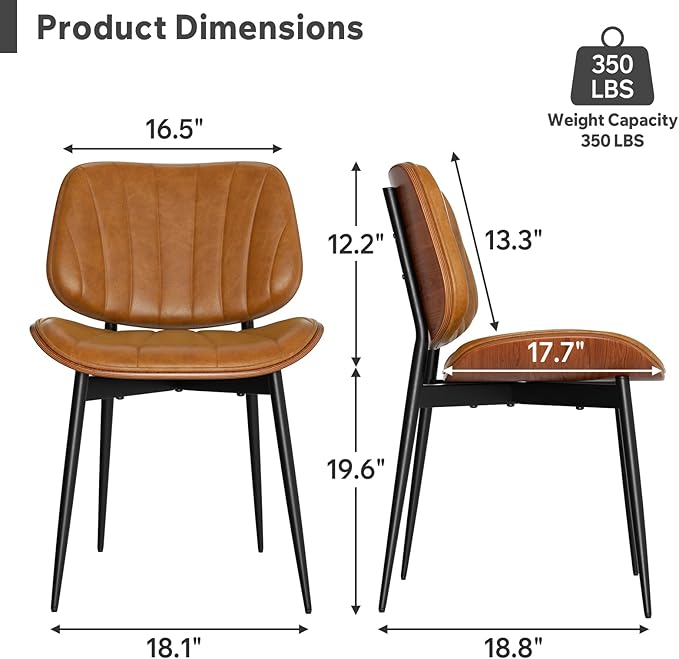 Dining Chairs Set of 8, Mid Century Modern Dining Room Chair, Upholstered Faux Leather Kitchen Chairs with Walnut Bentwood Back and Metal Legs for Kitchen Dining Room Living Room, Brown