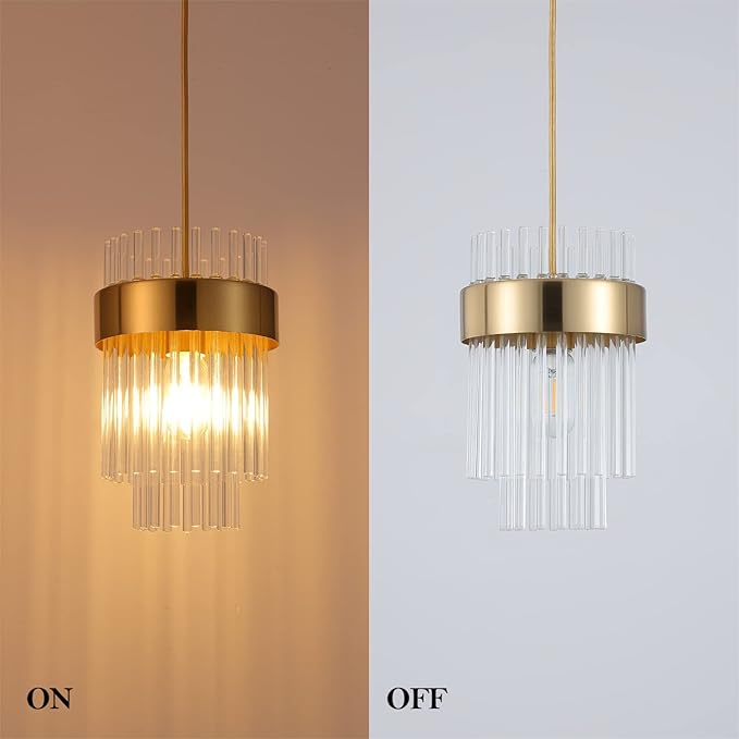 Gold Pendant Lights Kitchen Island,1-Light Crystal Pendant Light Fixtures Over Island,Modern Brass Mini chandelier For Dining Room, Adjustable Cord Hanging Lights For Bedroom,Bar,Sink,Entryway