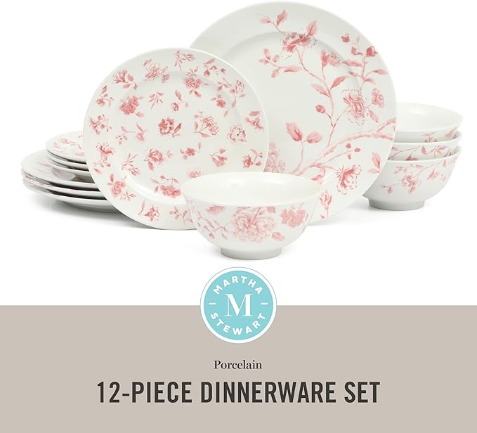 Martha Stewart Empress Bouquet 12-Piece Decorated Porcelain Chip and Scratch Resistant Dinnerware Plates and Bowls Set - Pink Floral