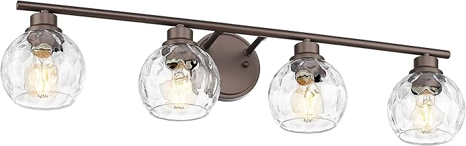 Emliviar 4-Light Vanity Lighting, 32.6" Bathroom Wall Lamp with Water Ripple Globe Glass, Oil Rubbed Bronze Finsh, YE295BG-4W ORB-WG