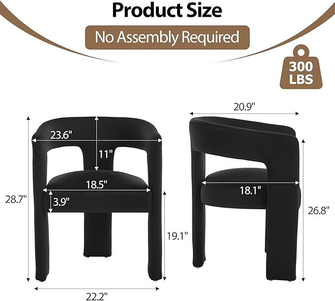 Modern Barrel Dining Chair Set of 1, No Assembly Velvet Upholstered Dining Room Chair with Open Back and 3 Legs, Comfy Accent Armchair for Living Room/Bedroom/Kitchen/Reading, Black