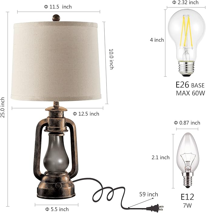 Farmhouse Rustic Table Lamps for Bedroom Set of 2, Vintage Lantern Lamp with Dual USB Charging Ports,25" Retro Antique Bedside Nightstand Desk Lamp for Living Room End Table Entryway, 4 Bulb Included