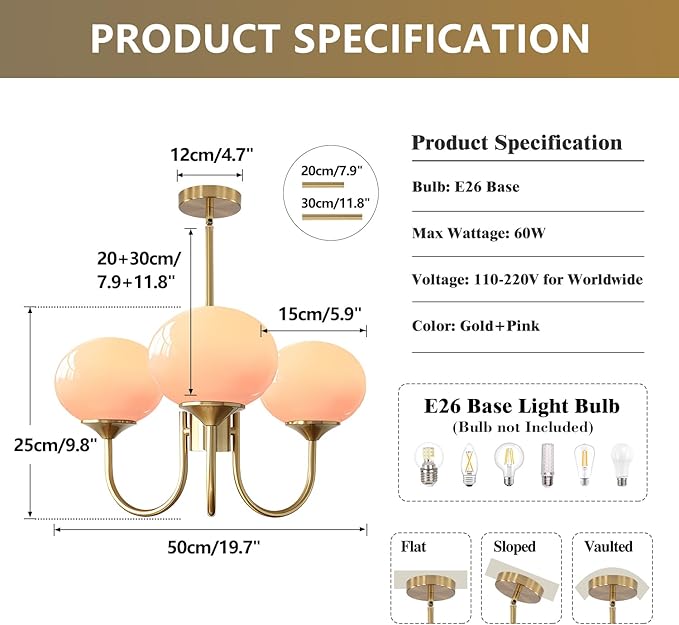 Pink Globe Chandelier for Girls Room Mid Century Modern 3 Light Pendant Lights Vintage Gold Semi Flush Dining Room Light Fixture Retro Pink Ceiling Lamp