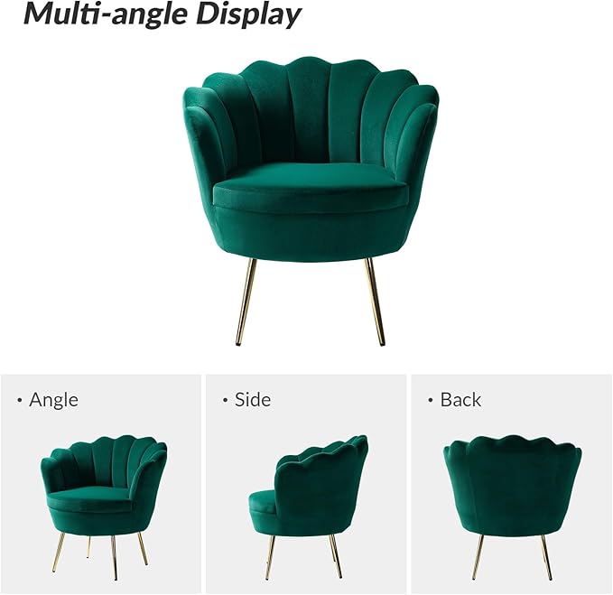HULALA HOME Modern Velvet Accent Chair with Shell Shaped Back, Cute Living Room Bedroom Armchair with Gold Legs, Comfy Upholstered Vanity Chair for Makeup Room, Green