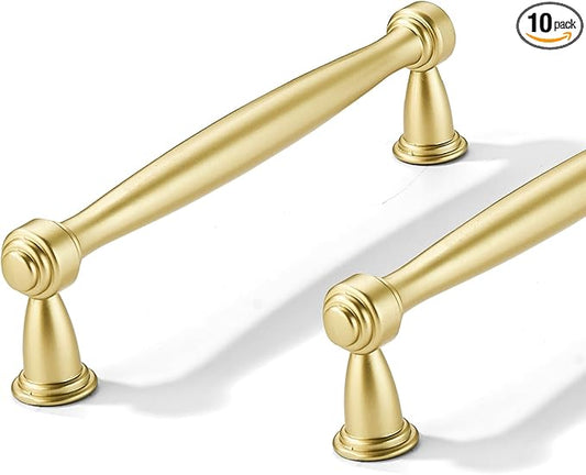 10 Pack 3-3/4inch(96mm) Center to Center Brushed Gold Cabinet Pulls Matte Gold Handles for Cabinets Cupboard Solid Heavy Duty Satin Gold Drawer Handles Dressers Kitchens bedrooms