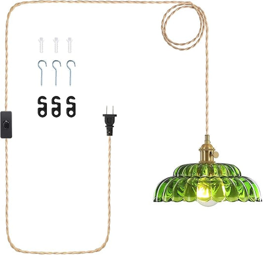 1 Pack Plug in Pendant Light with Lotus Green Glass Lampshade, Brass Vintage Pendant Light, Adjustable Hanging Light, for Kitchen Island Dining Room Hallway, E26 Socket (Bulbs Not Included)