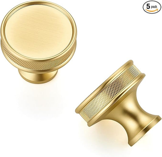 Ravinte 5 Pack 1-1/5"(30mm) Brushed Brass Cabinet Knobs Knurled Dresser Drawer knobs Kitchen Cupboard Handles for Cabinet Hardware