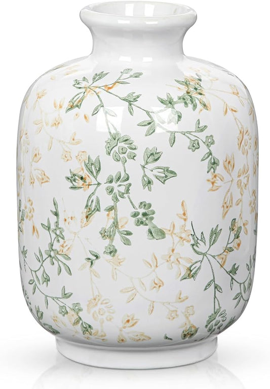 Hollyone Green and White Porcelain Vase Large Chinoiserie Floral Vintage Tall Green Ceramic Vases for Home Mantle Shelf Living Room Table Centerpieces Decor, 7.3 Inch