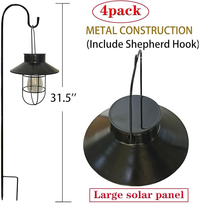 Solar Lanterns Outdoor Waterproof,4pack Hanging Solar Lights Lantern Lamp with Shepherd Hook, Metal Waterproof Edison Bulb Lights for Garden Outdoor Pathway